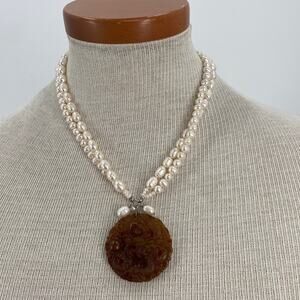 Handmade real pearl carved dragon brown jade necklace